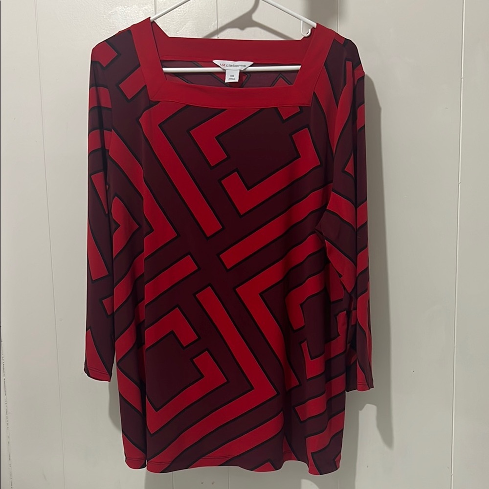 Liz Claiborne Red and Black Long Sleeve Square Neck Blouse